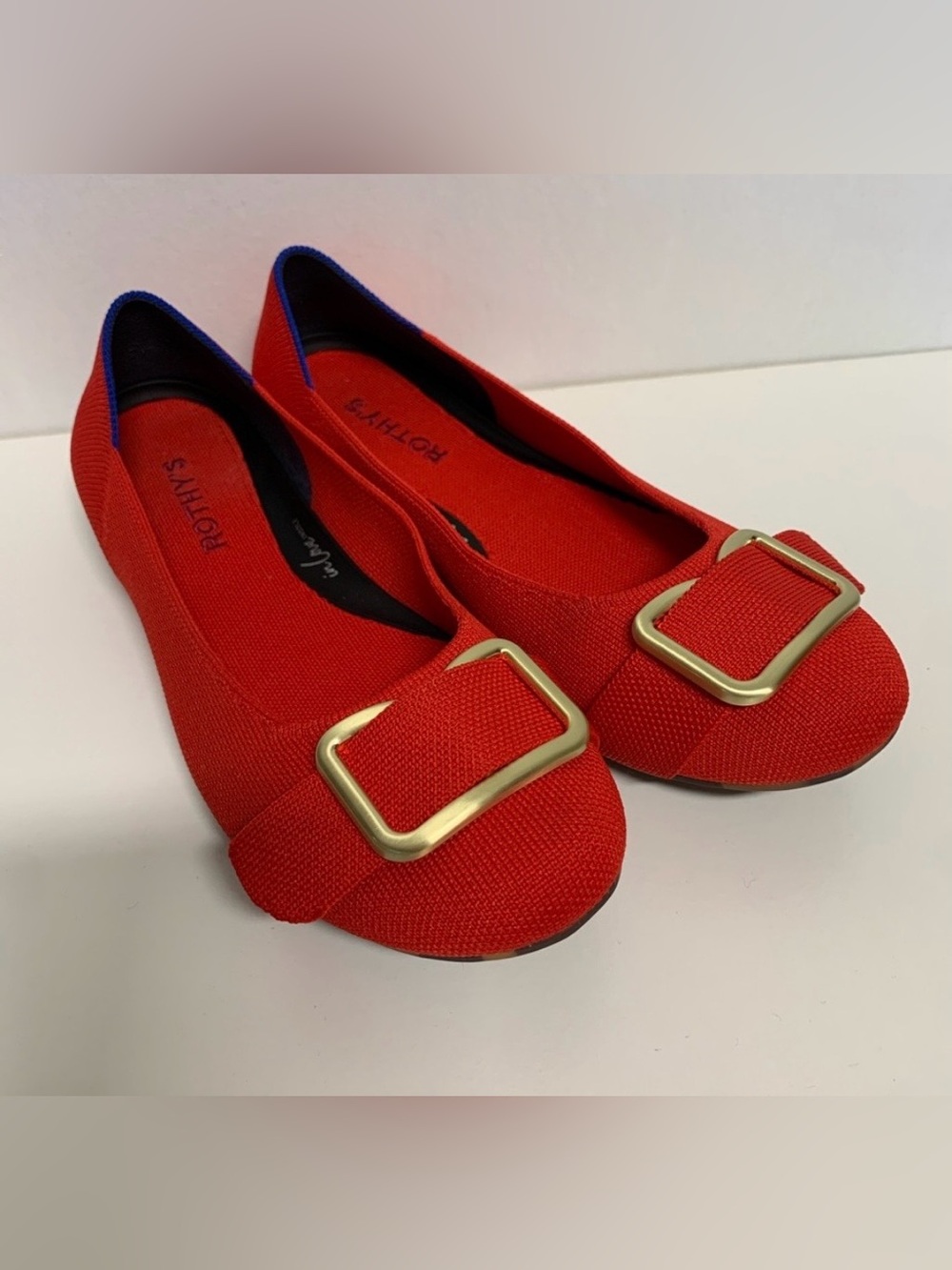 Rothy's Red Flats with Gold Buckle Accent